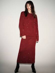 SHEIN Luminelle 2 件女士优雅手工水钻针织毛衣和裙子套装，宽松星空套头衫和中长裙