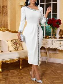 SHEIN Lady Elegant Party Sequin Decor White Wrap Dress - White - View 1