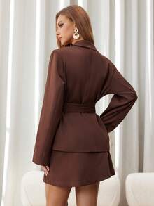 Chiquease Costum elegant pentru femei, culoare solidă, cu rever, mânecă lungă, cu nod în talie, sacou și fustă midi, toamnă - Maro - Vizualizare 2