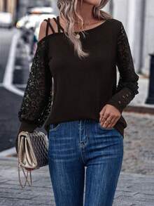SHEIN LUNE Women's Contrast Lace Oblique Shoulder Long Sleeve Fashionable Top - Coffee Brown - View 3