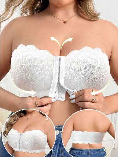 SHEIN 1pc Plus Size Lace Patchwork Front Closure Wireless Bandeau Bra