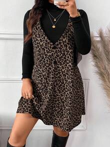 SHEIN Frenchy Women Plus Size Solid Stand Collar Long Sleeve T-Shirt And Leopard Print Suspender Dress Casual 2 Pieces Set, Autumn Leopard Print Dress Cheetah Print Dress Two Piece Outfits For Women Animal Print Dress Plus Size Leopard Print Dress,Fall Clothes For Women