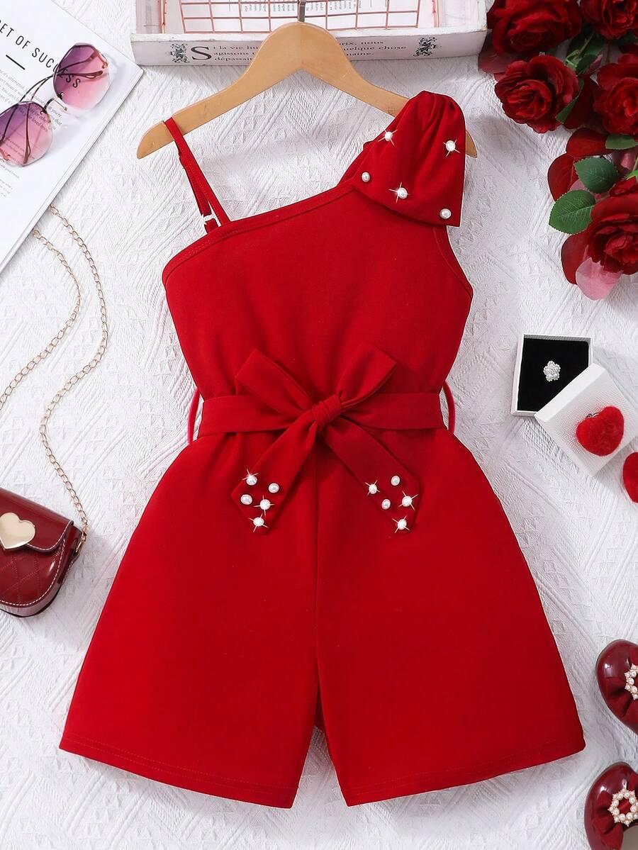 Sparklyn Bộ đồ liền thân đính nơ ngọc trai màu trơn thanh lịch cho bé gái tuổi mới lớn kèm thắt lưng, mùa hè, quần áo bé gái màu đỏ, ngày lễ, mùa hè, du lịch - Đỏ - Xem 1
