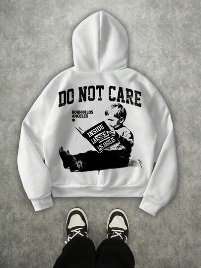 Manfinity ZONE917 Men Oversized White Cropped Hoodie With "DO NOT CARE" Distressed Graphic Print, Fall/Winter
