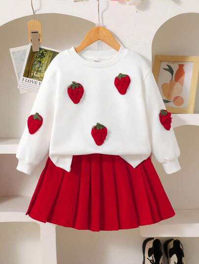 SHEIN 年轻女孩宽松休闲简约舒适圆领套头衫，3D草莓装饰和百褶迷你裙套装，秋冬