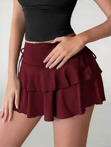 SHEIN Tall Women Solid Color Side Drawstring Double Ruffle Hem Mini Skirt, Tall Women - Burgundy - View 7
