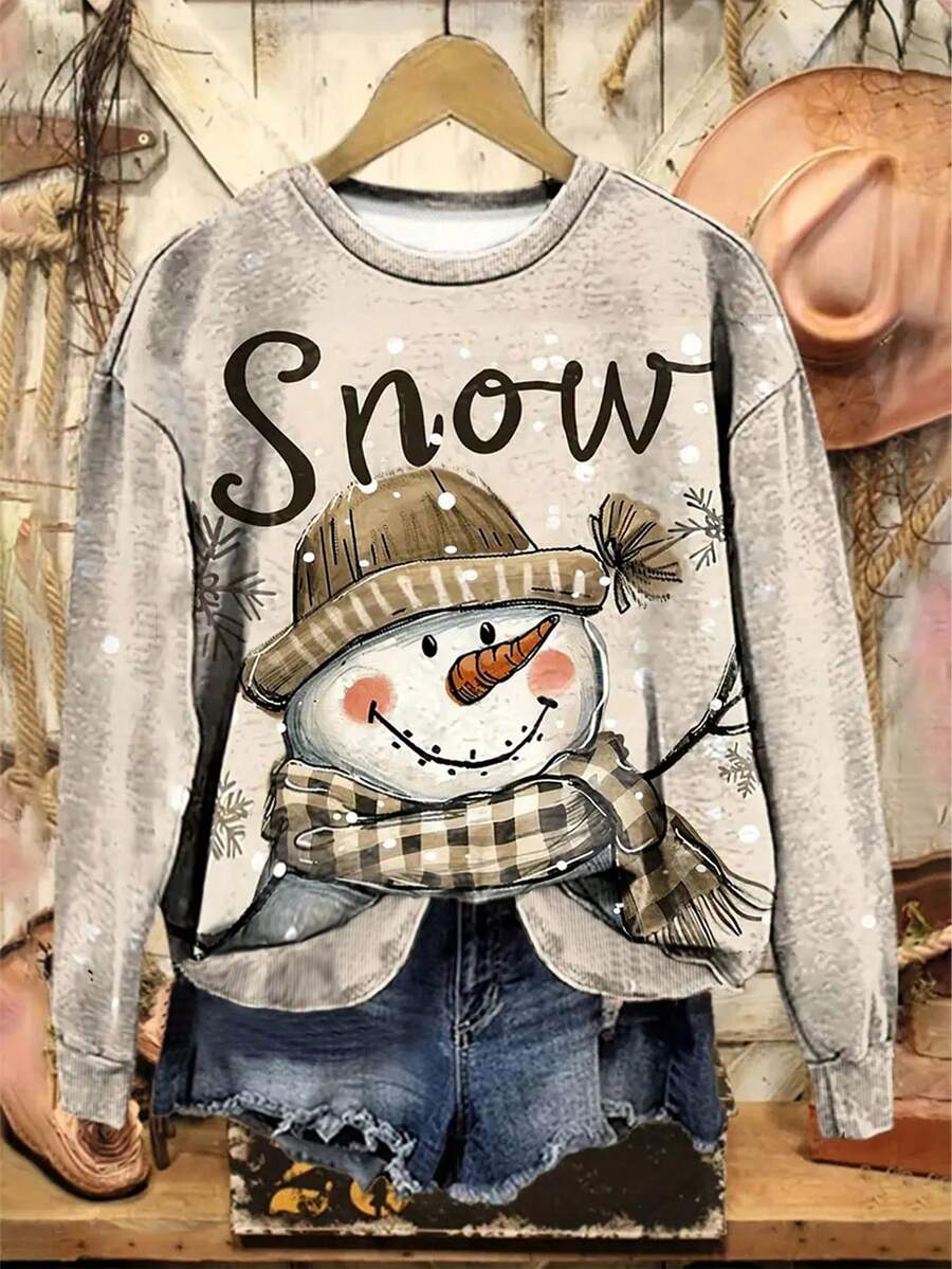 EMERY ROSE Sudadera de mujer con estampado digital de muñeco de nieve, sudadera de cuello redondo de mujer con estampado de muñeco de nieve - Blanco - Ver 1