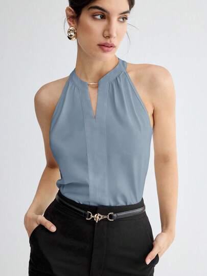 BizChic Nueva blusa de primavera/verano con cuello mao azul, escote en V y decoración metálica, estilo halter. Elegante y chic para uso urbano y diario, con un toque romántico retro de los 90. Adecuada para Navidad, Año Nuevo, San Valentín, fiestas, playa, graduación, moda, festivales, vacaciones, invitados de boda, brunch, aeropuerto y múltiples ocasiones.