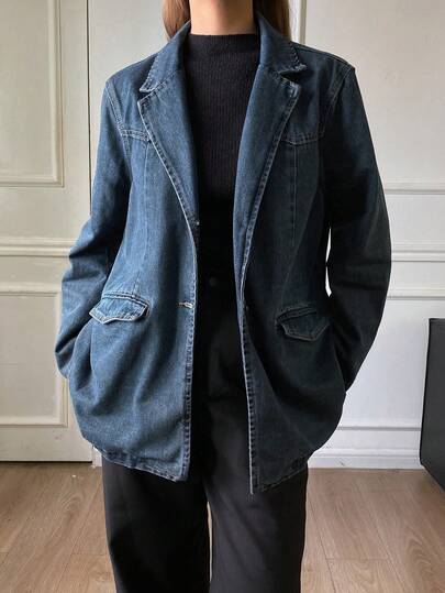 Dazy-Less Chaqueta vaquera holgada, casual y vintage con efecto desgastado para mujer, adecuada para uso en la oficina en otoño e invierno