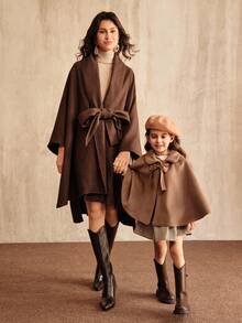 SHEIN 女童棕色羊毛斗篷披肩外套，时尚披肩领，适合全家穿着，秋冬季大衣 - 卡其色 - 查看 1