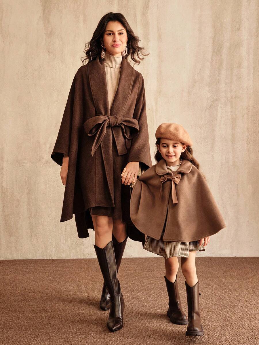 SHEIN 女童棕色羊毛斗篷披肩外套，时尚披肩领，适合全家穿着，秋冬季大衣 - 卡其色 - 查看 1