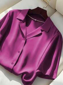 Franclia Women's Casual Solid Color Collared Short Sleeve Shirt, Summer Purple Pink - Red Violet - View 4