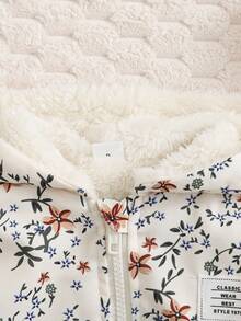 SHEIN 女婴可爱休闲花卉图案连帽拉链加厚长袖夹克，适合秋冬季日常穿着 - 彩色 - 查看 4