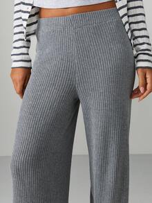 MISSGUIDED Ribbed Knit Wide Leg Palazzo Pants High Rise Comfortable Loungewear Casual Bottoms - Grey - View 4