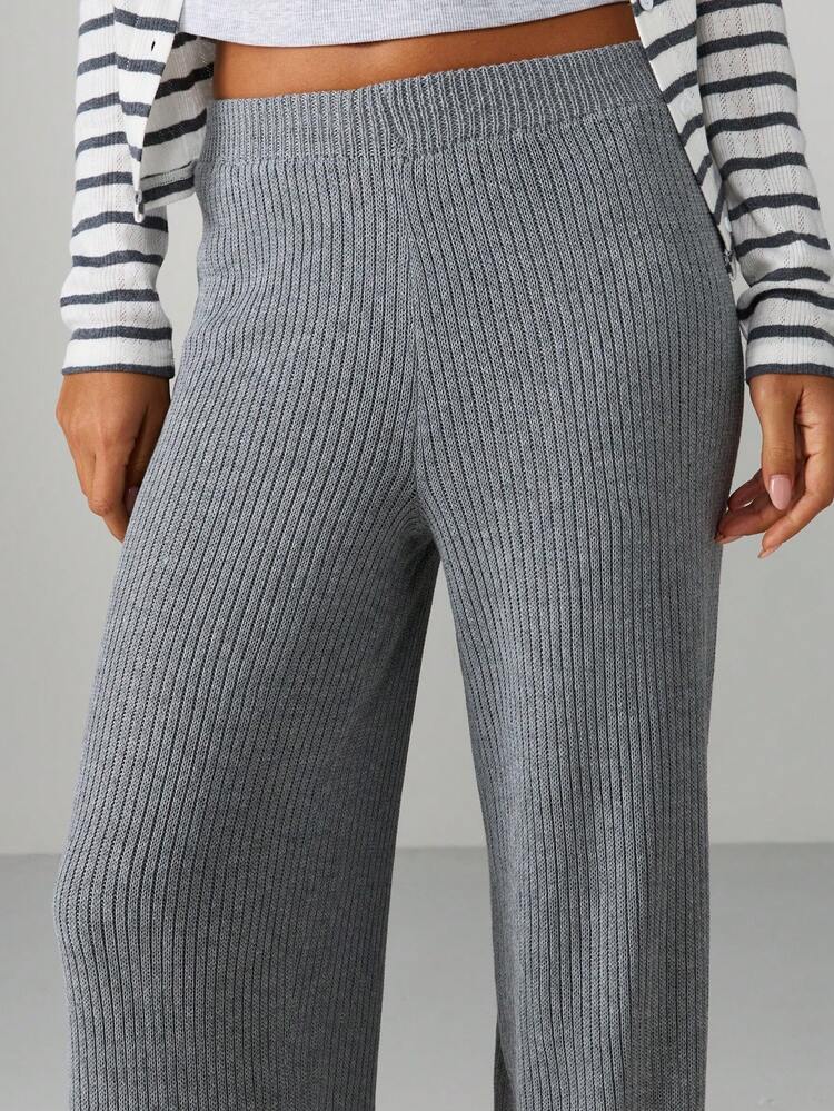 MISSGUIDED Ribbed Knit Wide Leg Palazzo Pants High Rise Comfortable Loungewear Casual Bottoms