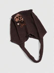 ROMWE Fairycore 1个度假风镂空编织咖啡色女士单肩手提包，大容量，豹纹心形装饰针织包 - 咖色 - 查看 4