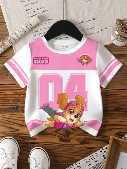 SHEIN | PAW Patrol 年轻女孩休闲拼色狗印花圆领短袖T恤，夏季