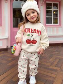 SHEIN Happikins 2pcs/Set Baby Girl Cream Almond, Cute Retro Mini Cherry Pattern Thickened Soft Long Sleeve Crew Neck Sweatshirt And Sweatpants Tracksuit, Suitable For Autumn/Winter Fall Baby Set Autumn Winter Season Baby Girl Sweat Set Cherry Baby Clothes Baby Casual Sets - Multicolor - View 5