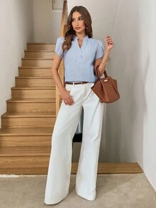 Easowa Blusa de mujer con cuello en V a rayas azules y blancas y mangas con volantes - Azul - Ver 4