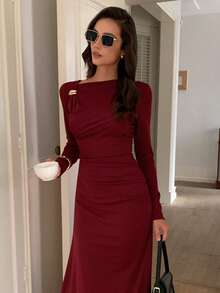 Elyressa Gaun Musim Gugur yang Panjang, Elegan, dan Romantis untuk Wanita - Burgundy - View 3