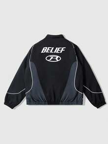 ROMWE MEN Prep Unisex Motorcycle Street Style American English Graphic Print Long Sleeve Jacket, Autumn/Winter