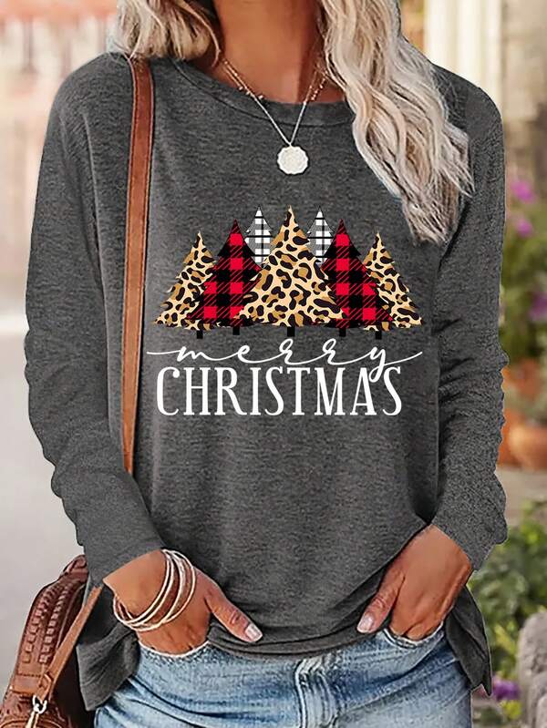 EMERY ROSE Christmas Letter Print Women's Casual Crew Neck Long Sleeve T-Shirt