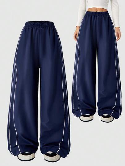 بنطلون أزرق داكن واسع الساق متعدد الاستخدامات للمراهقات