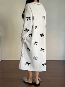 DAZY Bow Decor Loose Knit Mid-Length Women Sleepwear Robe, Winter - White - View 2