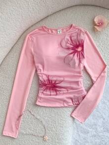 少女粉色针织部分花卉印花褶饰休闲可爱度假长袖上衣，适合返校、春夏秋装、午餐、秋冬分层穿着、中国新年 - 粉色 - 查看 1