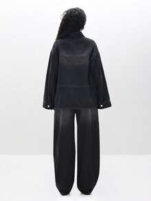 BABYPHAT 女式超大牛仔夹克长袖拉链休闲外套秋冬衣橱必备 - 深灰色 - 查看 7