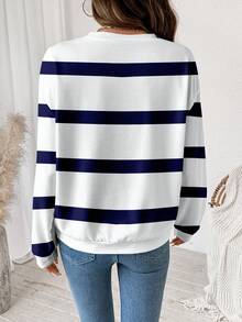 SHEIN LUNE 休闲简约白色藏蓝色条纹印花圆领宽松长袖卫衣，适合秋冬季节穿着，藏蓝色条纹长袖秋季上衣，休闲百搭 - 彩色 - 查看 2