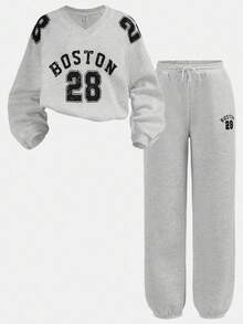 SHEIN Girlism Teen Girls Casual Loose V-Neck Pullover Hoodie & Printed Drawstring Waist Sweatpants 2-Piece Set, Autumn/Winter - Light Grey - View 10