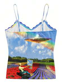 Y2Kool Dynamodoh 超现实主义太空飞船、月亮、田野、彩虹万圣节性感Y2K休闲街头时尚蕾丝边吊带背心，适合秋冬季派对、节日、聚会、日常穿着。彩虹上衣、锐舞上衣、UFO上衣、美学上衣、辣妹图案上衣、派对上衣、春季女装、生日派对、嘉年华 - 彩色 - 查看 3
