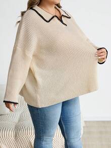 SHEIN CURVE+ 大码休闲撞色狗牙边翻领V领女式套头毛衣秋冬装女士 - 杏色 - 查看 6