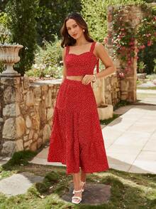 SHEIN VCAY 女式红色碎花荷叶边下摆休闲裙 - 紅色 - 查看 3