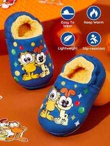 GARFIELD | SHEIN Zapatillas de estar por casa azules con diseños de gatos y perros lindos para niños y niñas, suaves y cálidas de felpa, ligeras y duraderas, con puntos de silicona antideslizantes, para usar en el hogar, dormitorio, habitaciones con aire acondicionado en primavera, otoño e invierno, unisex