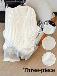 Regalyn 3pcs Plus Size Women Casual Elegant French Style Knit Cardigan, Top And Pants Set