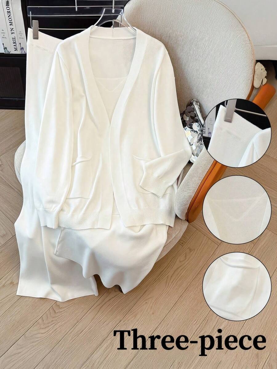 Regalyn 3pcs Plus Size Women Casual Elegant French Style Knit Cardigan, Top And Pants Set