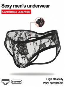 1 件男士性感内裤，带黑玫瑰蕾丝花边和镂空后背 - 黑色 - 查看 1