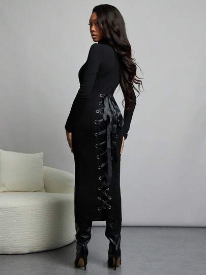 NYA SZN Dress Long Sleeve Turtle Neck Fitted Sweater Business Casual Everyday Cool Girl Ibiza Holiday Midi Length Fall Winter Outfits Women