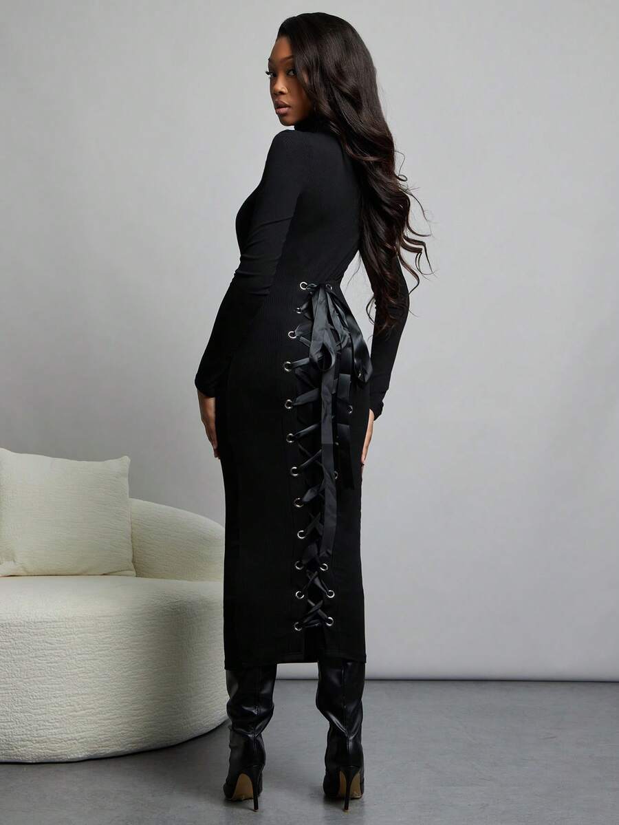 NYA SZN Dress Long Sleeve Turtle Neck Fitted Sweater Midi Length Outfits Women - Black - View 1