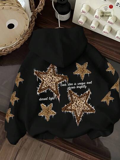 Attitoon Casual Minimalist Style Faux Mechanical Khaki Star Graphic Print Black Long Sleeve Sweatshirt, Suitable For Autumn/Winter, Vintage, Sexy, Cute, Y2K, Coconut Girl, Boho, Hippie, Music Festival