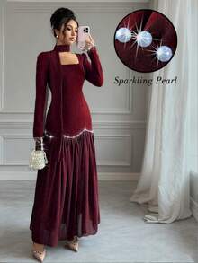 Elenzga Elegant Romantic Pearl Decor Puff Sleeve Square Neck Waist Fitted A-Line Dress For Women - Burgundy - View 1