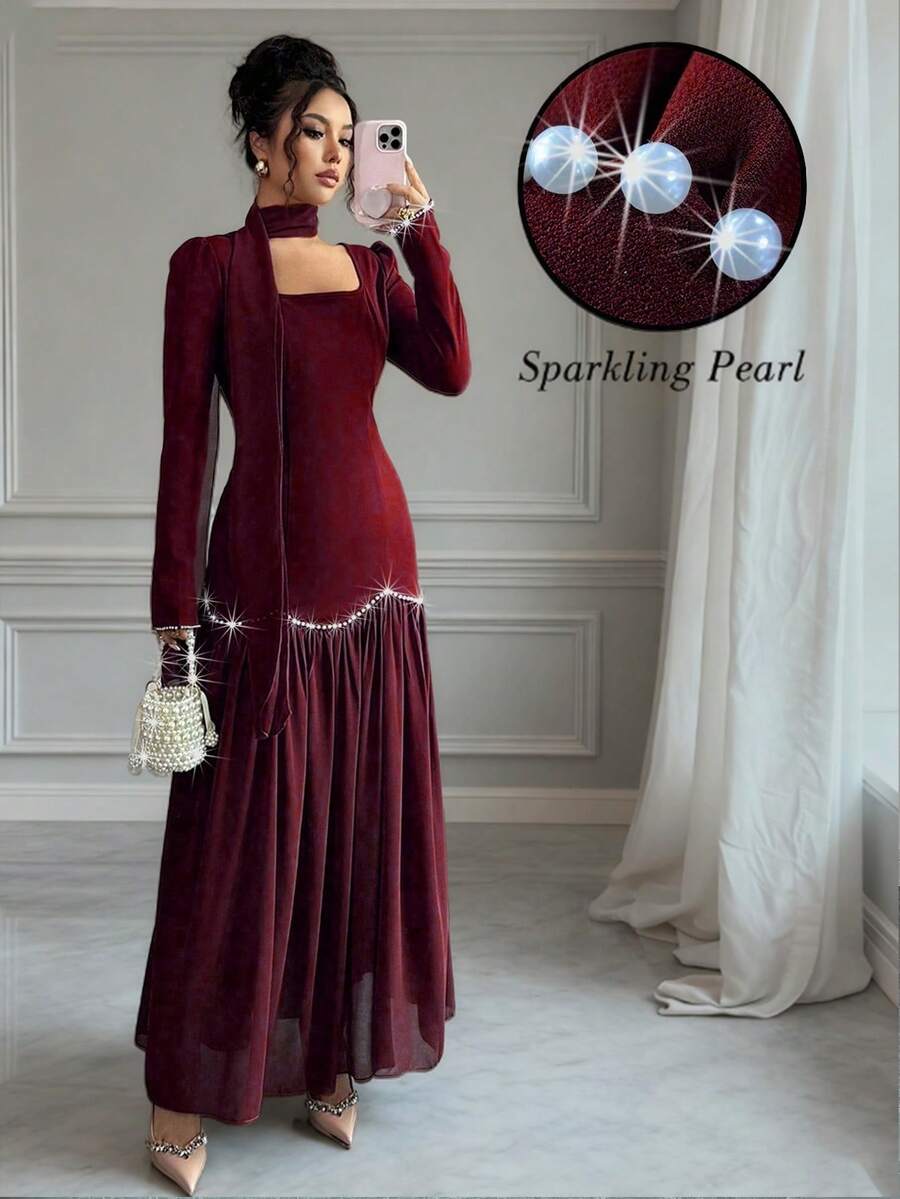 Elenzga Elegant Romantic Pearl Decor Puff Sleeve Square Neck Waist Fitted A-Line Dress For Women - Burgundy - View 1
