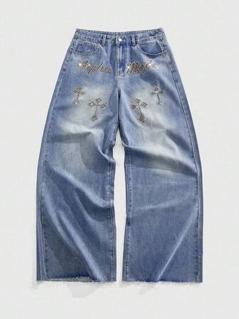 Street Life Jeans amples et décontractés pour hommes avec broderie de croix et de lettres, style mode de rue