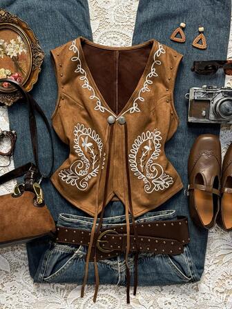 Easelle Vintage Fashionable Brown Paisley Embroidered Sleeveless Tank Top For Women  Fall Clothes For Women