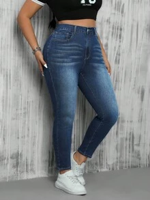 SHEIN ICON Plus Size Women Pocket Skinny Casual Everyday Wear Jeans - Dark Wash - View 3