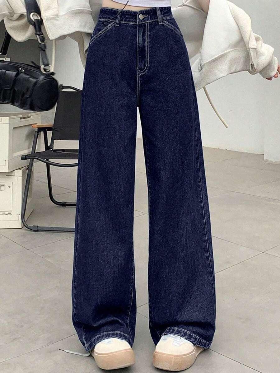 DAZY 复古水洗直筒休闲牛仔裤 - 藍色 - 查看 1