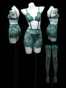 4pcs Christmas Green Sexy Lingerie Set: Nightgown + Stockings
