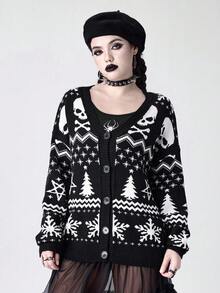ROMWE Goth 哥特式深色圣诞树骷髅宽松针织开衫 - 黑與白 - 查看 1